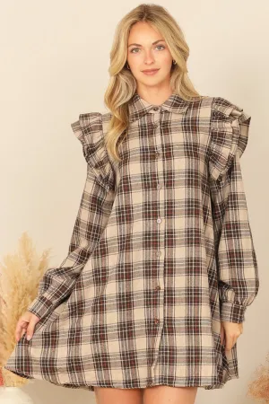 MIX LONG SLEEVE RUFFLE DETAIL PLAID DRESS
