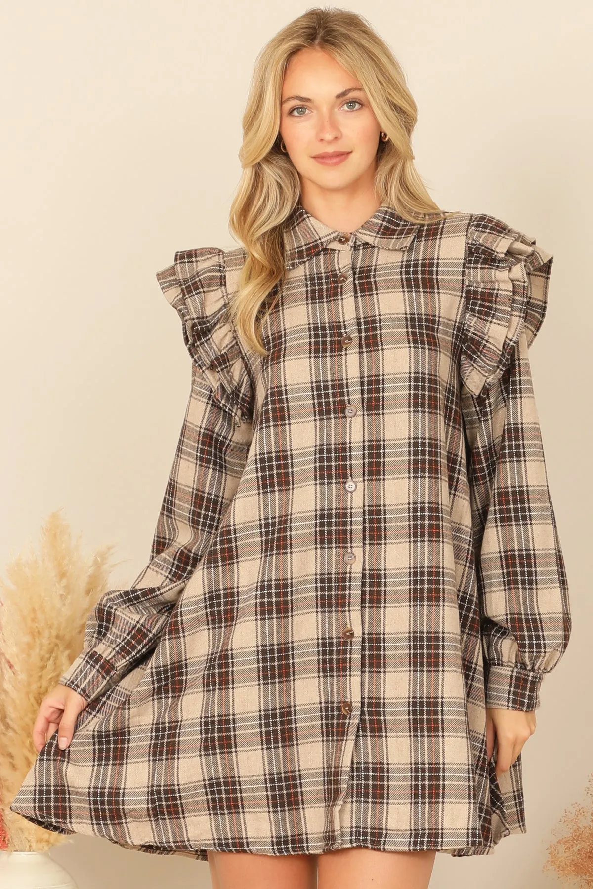 MIX LONG SLEEVE RUFFLE DETAIL PLAID DRESS
