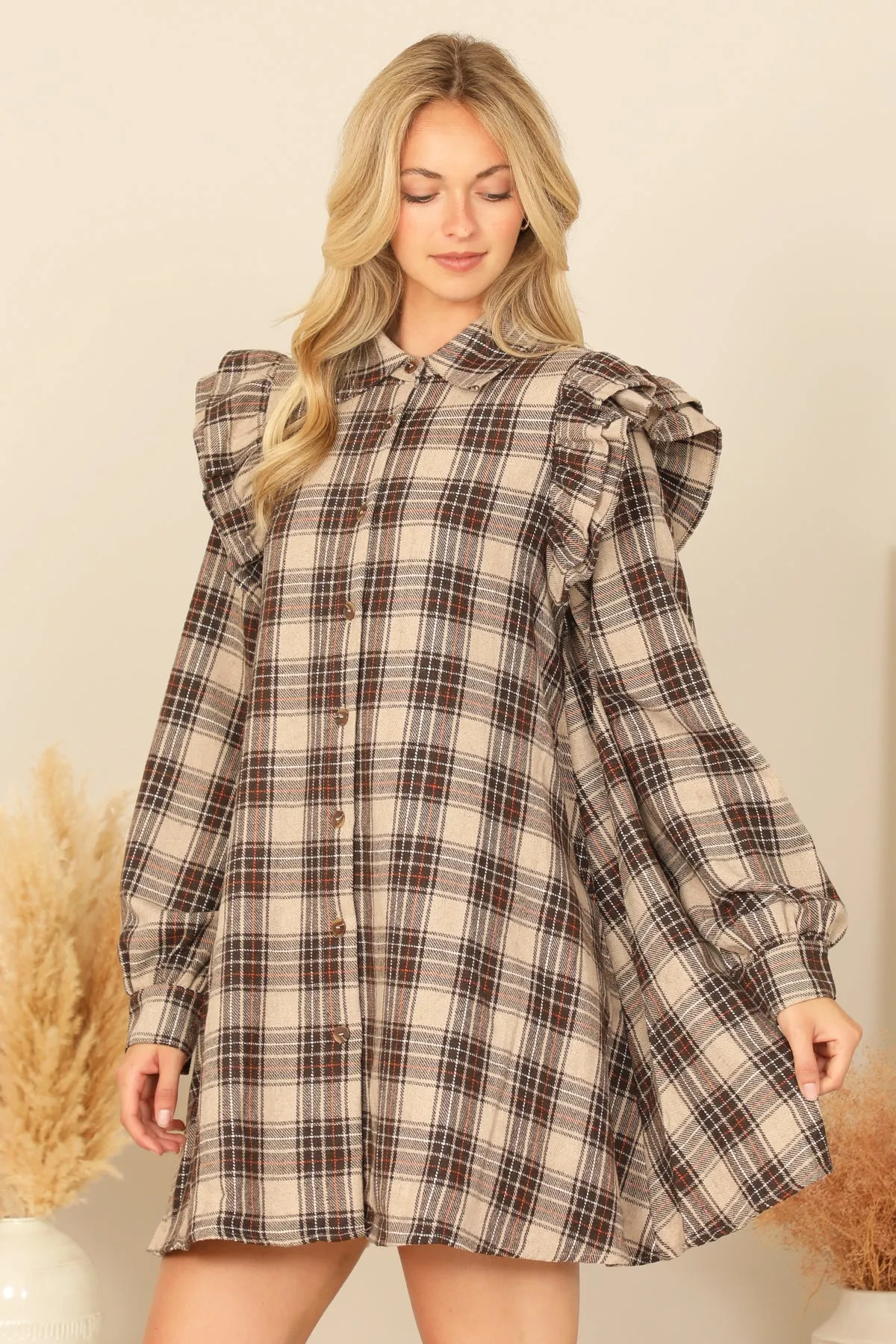 MIX LONG SLEEVE RUFFLE DETAIL PLAID DRESS