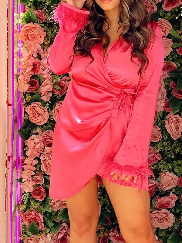 Momnfancy Rose Carmine Feather Lace Up Girl Baby Shower Elegant Maternity Mini Dress