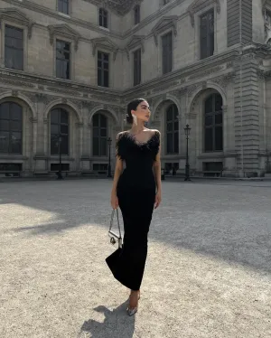 Monaco Black Feather Trim Dress