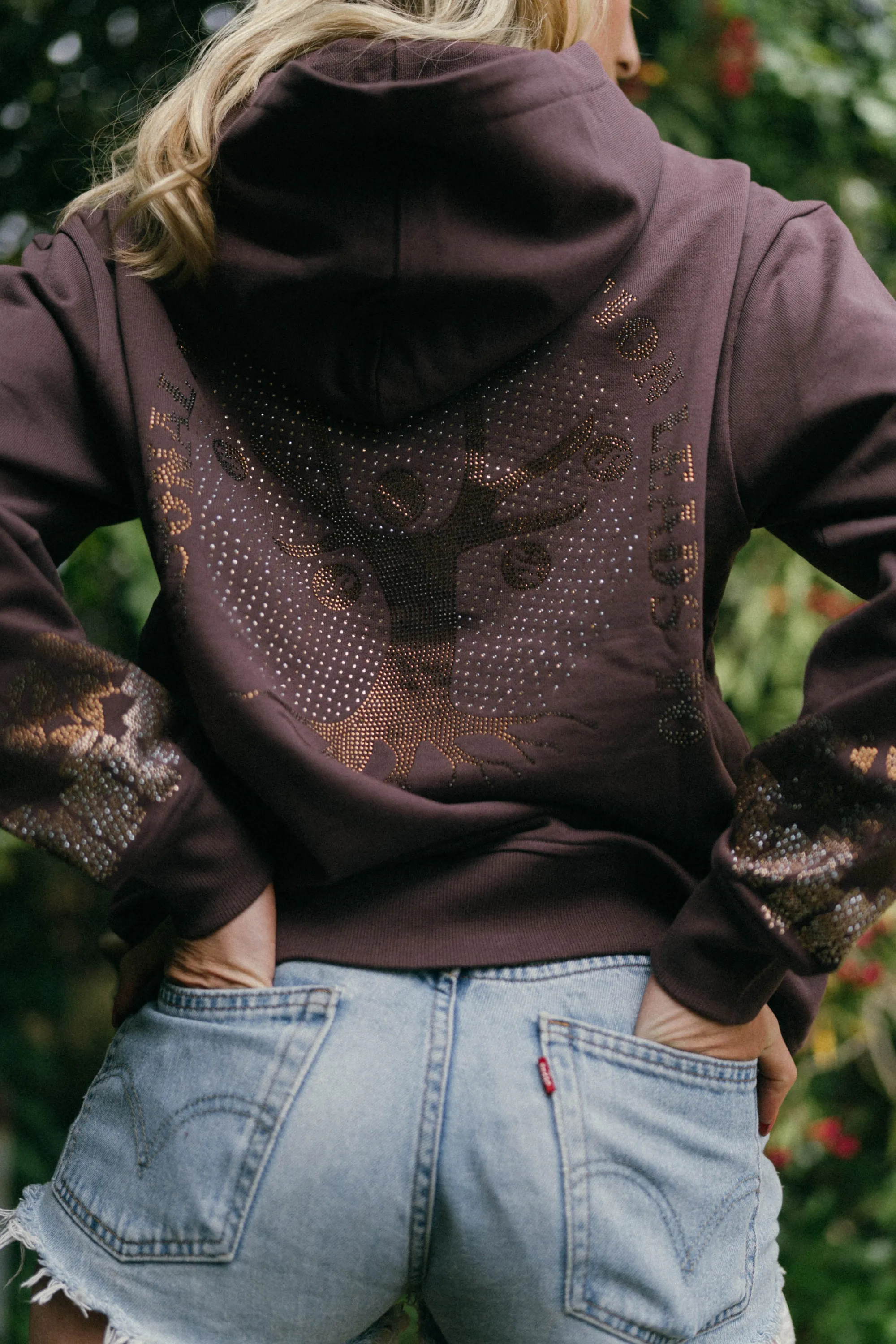 Money Tree Rhinestone Affirmation Hoodie - Brown