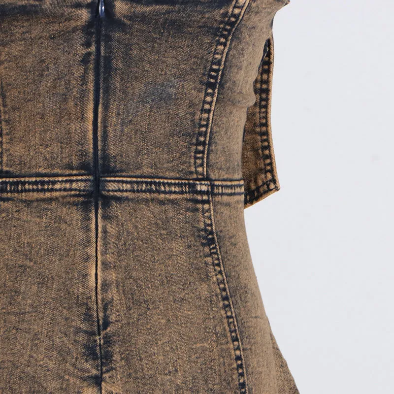Multi-Pocket Denim Strapless Dress