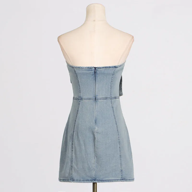 Multi-Pocket Denim Strapless Dress