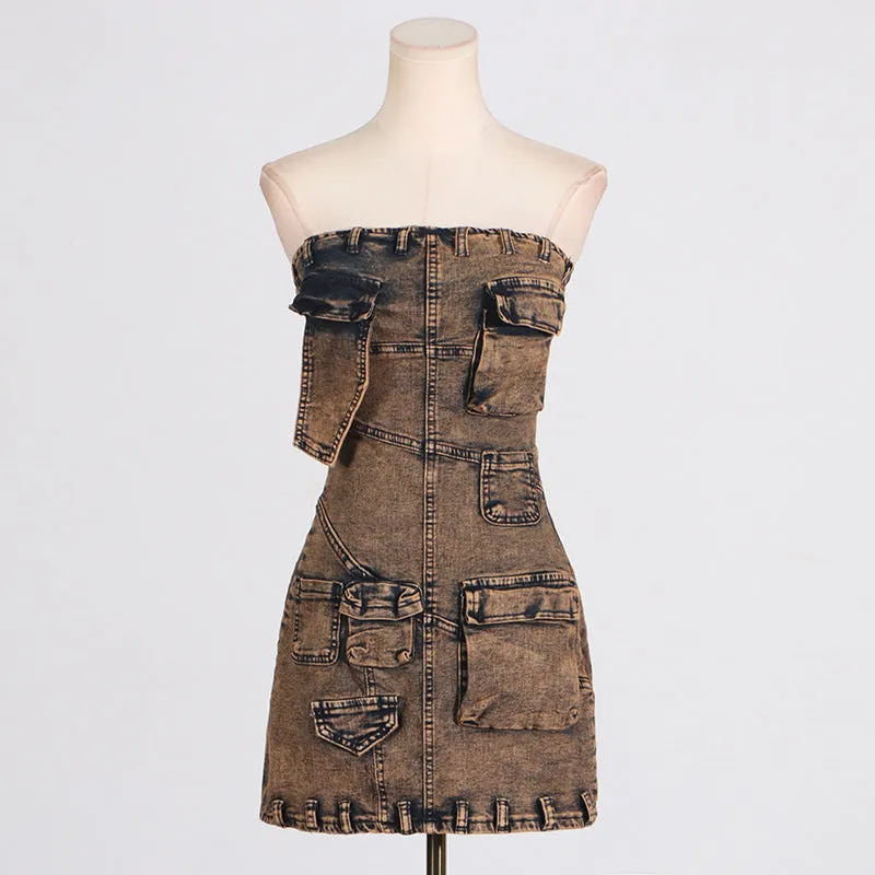 Multi-Pocket Denim Strapless Dress