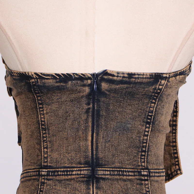 Multi-Pocket Denim Strapless Dress