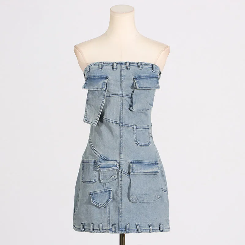 Multi-Pocket Denim Strapless Dress