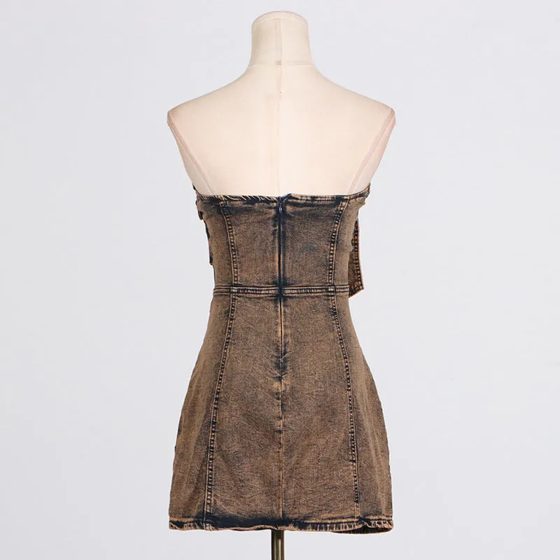 Multi-Pocket Denim Strapless Dress