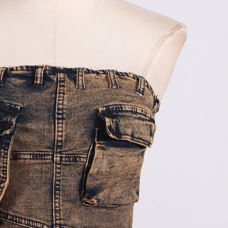 Multi-Pocket Denim Strapless Dress