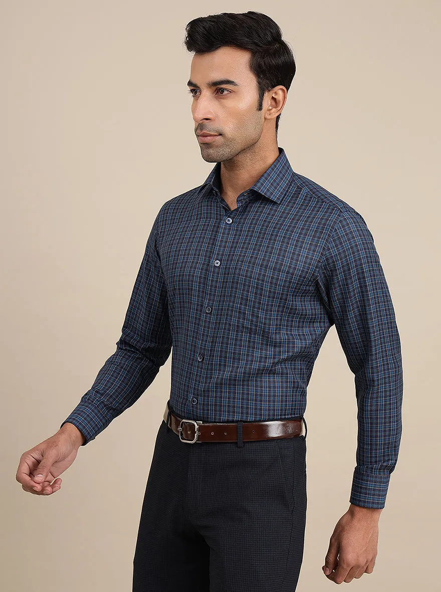 Navy Blue Checked Slim Fit Formal Shirt | Greenfibre