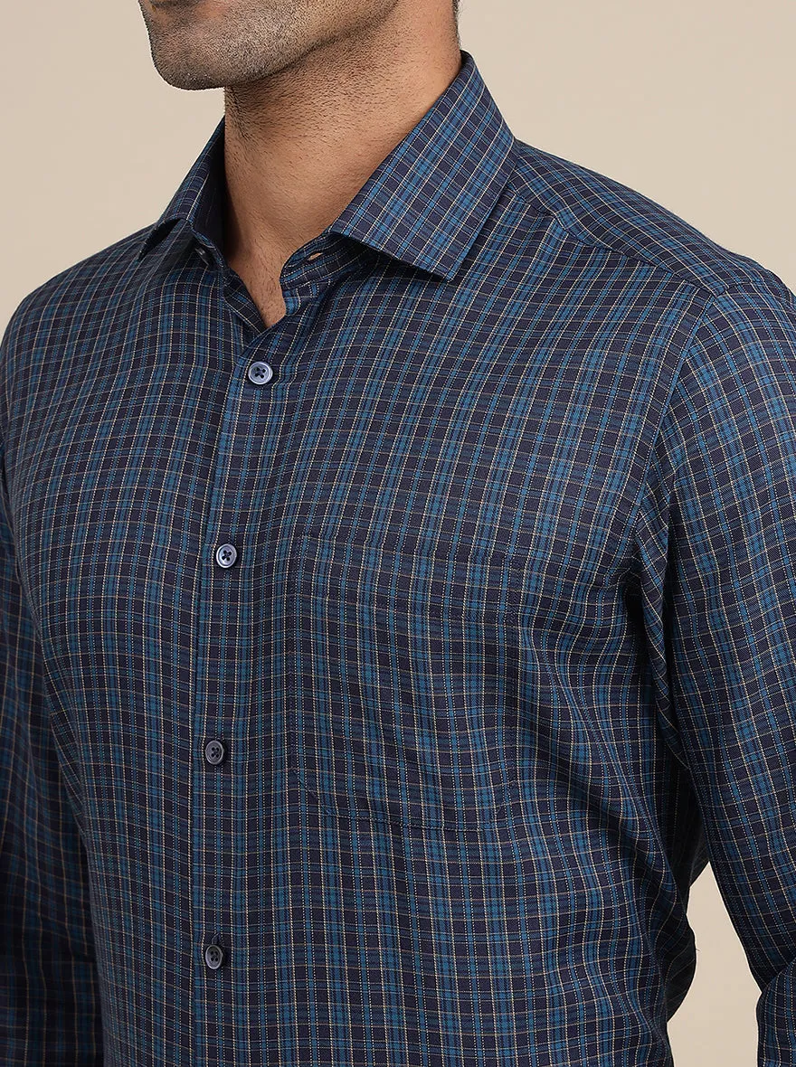 Navy Blue Checked Slim Fit Formal Shirt | Greenfibre