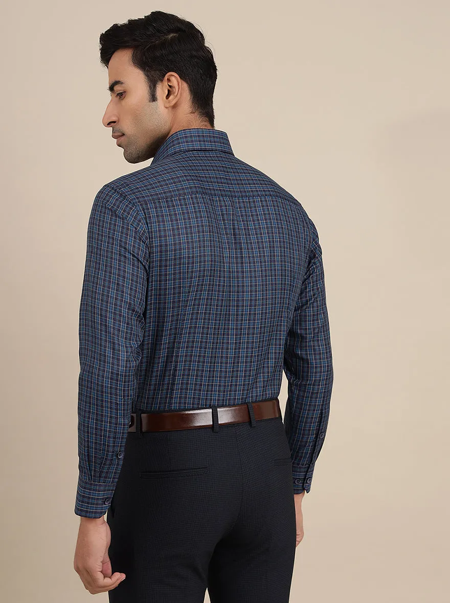 Navy Blue Checked Slim Fit Formal Shirt | Greenfibre