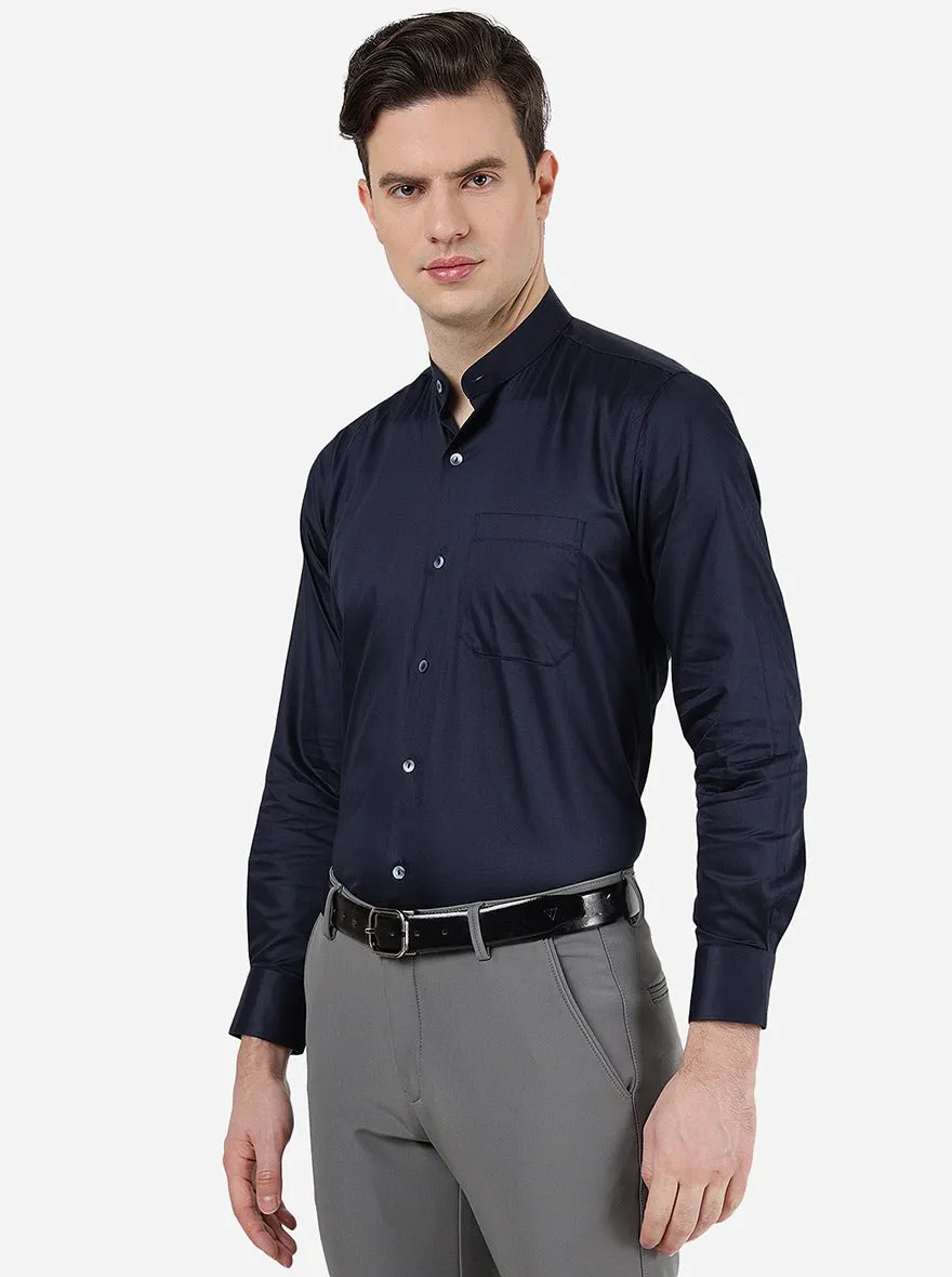 Navy Blue Solid Slim Fit Formal Shirt | Metal