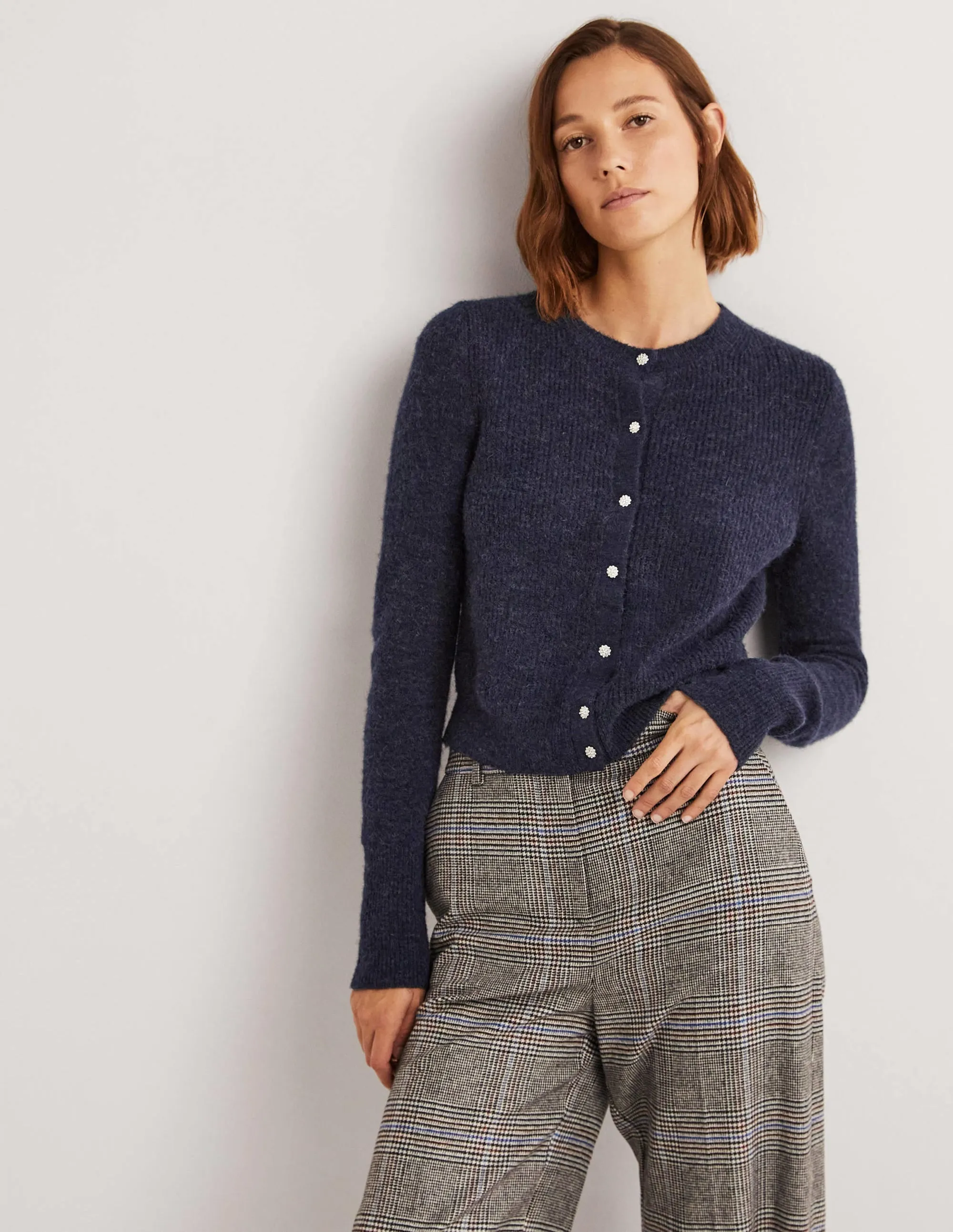 Navy Jewel Button Fluffy Cardigan-Navy