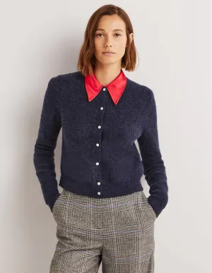 Navy Jewel Button Fluffy Cardigan-Navy