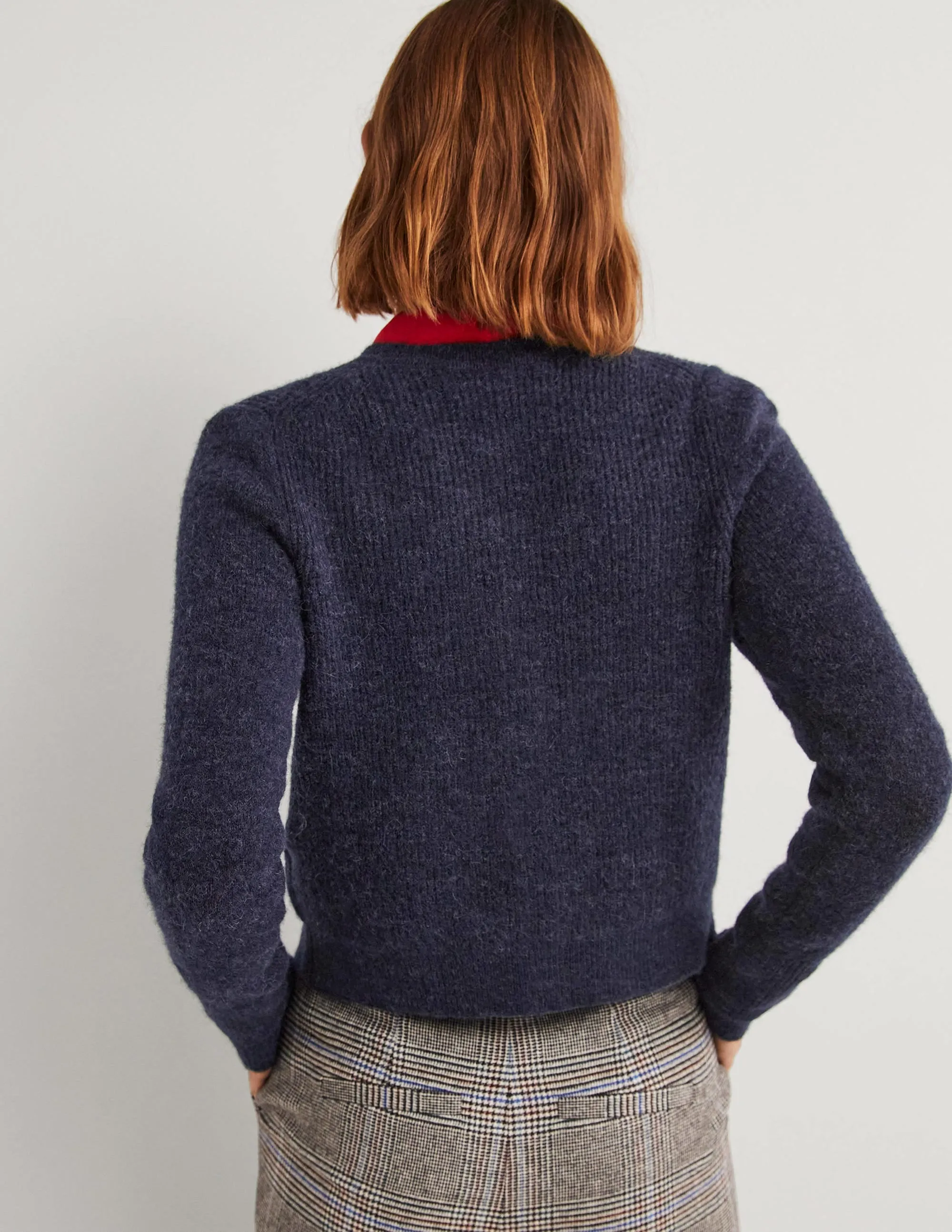 Navy Jewel Button Fluffy Cardigan-Navy