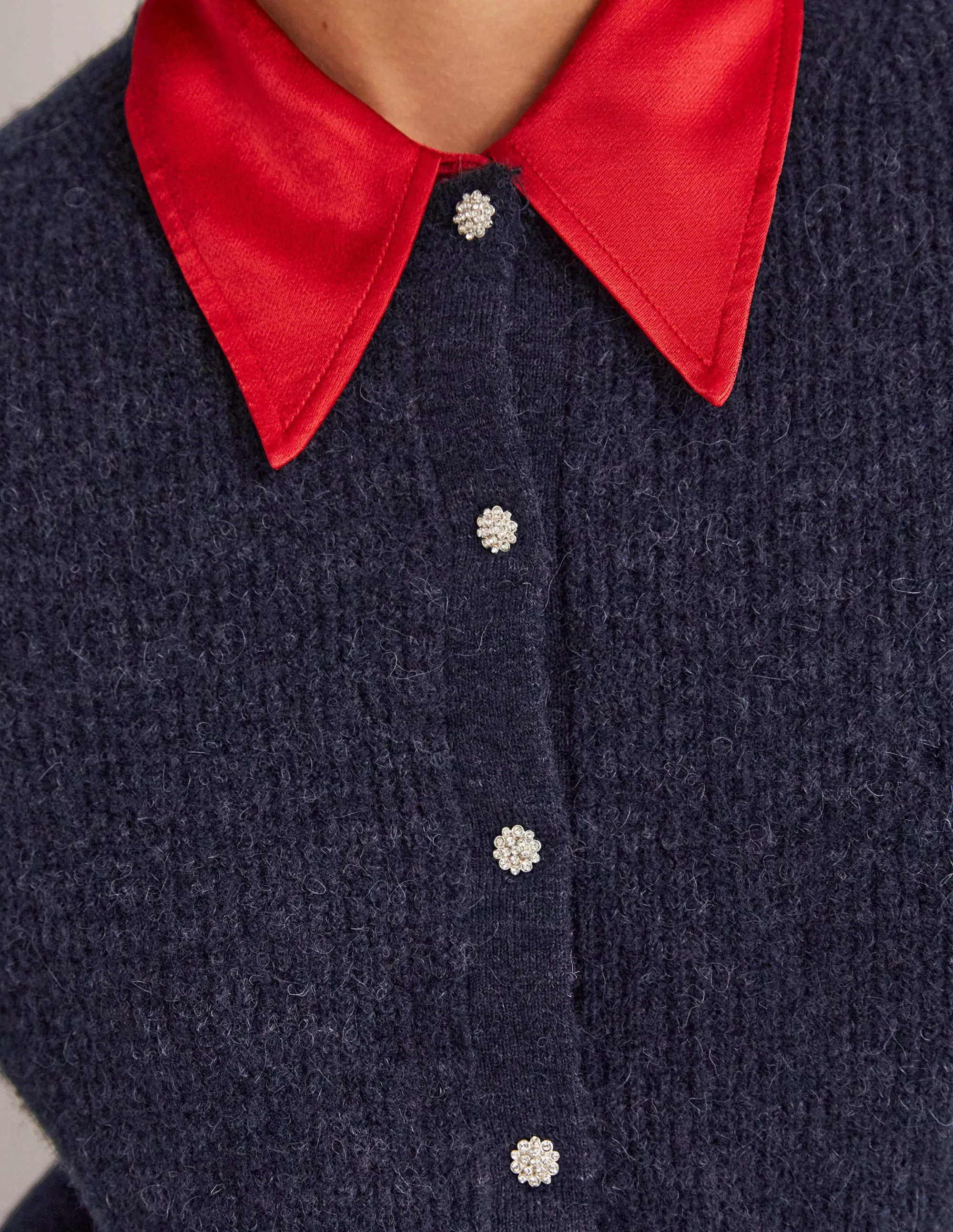 Navy Jewel Button Fluffy Cardigan-Navy