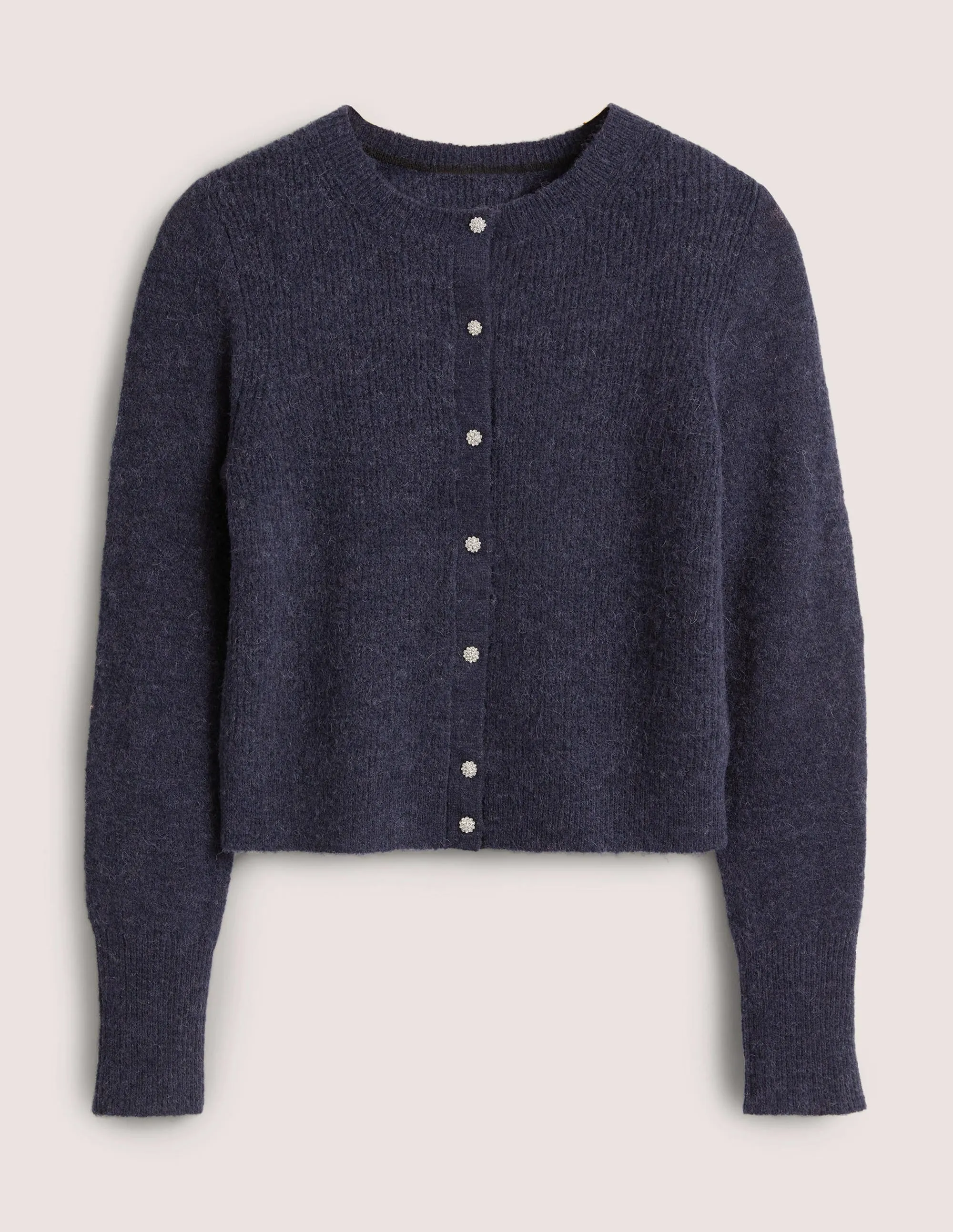 Navy Jewel Button Fluffy Cardigan-Navy