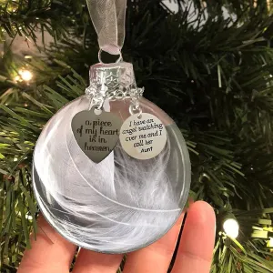 New Christmas Memorial Hanging Ornament Feather Ball, A Piece of My Heart is in Heaven, Sympathy Gift for Loss of Aunt Christmas Tree Hanging with Silk Ribbon & Red Gift Box (AUNT)