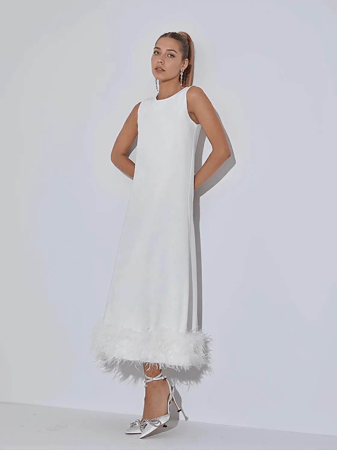 Nisha Feather Midi Dress In White
