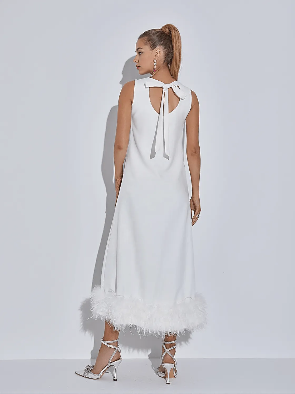Nisha Feather Midi Dress In White