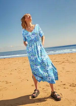 Nostalgic Flower EcoVero Short Sleeve Midi Dress (Blue)