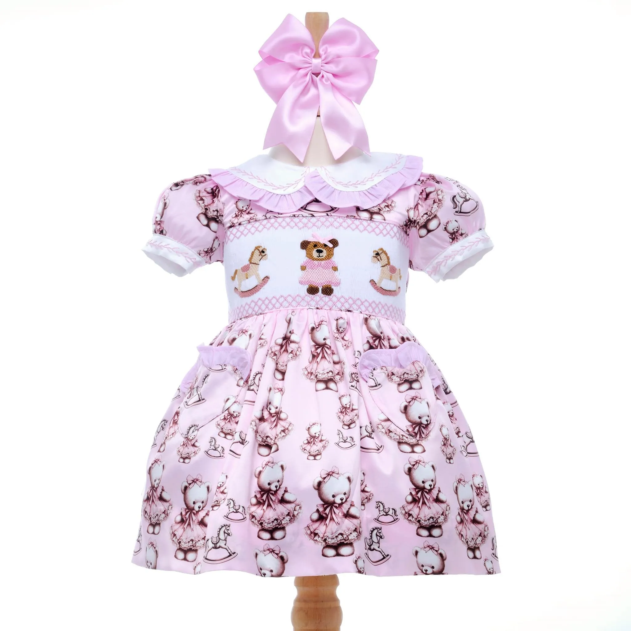 Ocean Baby Dusky Pink Smocked Teddy bear Themed Dress (3M-8Yrs)