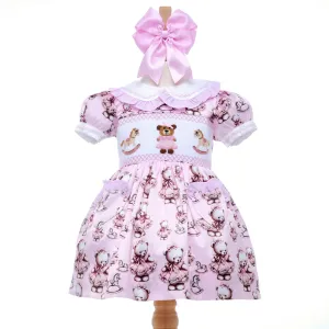 Ocean Baby Dusky Pink Smocked Teddy bear Themed Dress (3M-8Yrs)