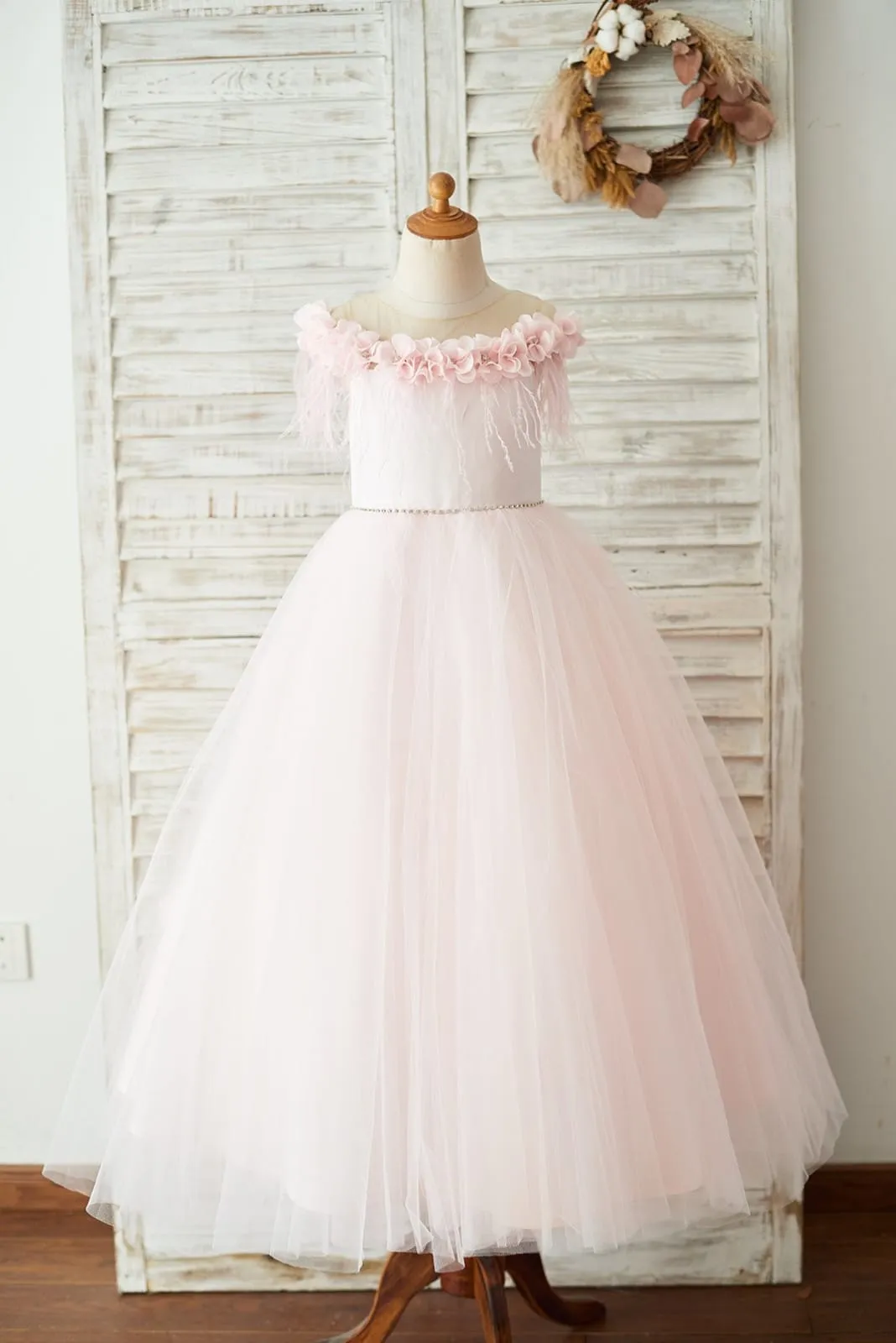 Off Shoulder Pink Tulle Feathers Wedding Party Flower Girl Dress