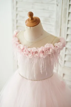 Off Shoulder Pink Tulle Feathers Wedding Party Flower Girl Dress