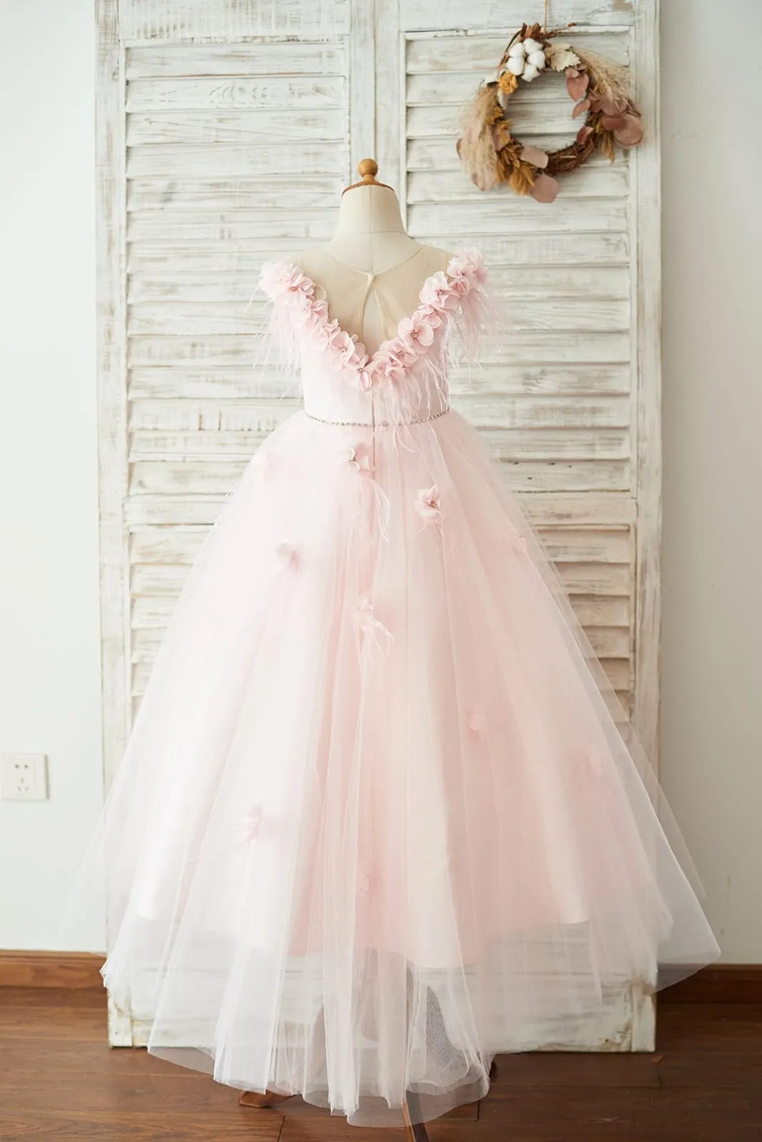 Off Shoulder Pink Tulle Feathers Wedding Party Flower Girl Dress