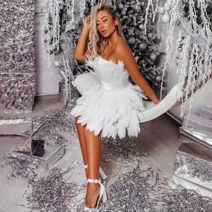Off the Shoulder Sleeveless Feather Mini Dress