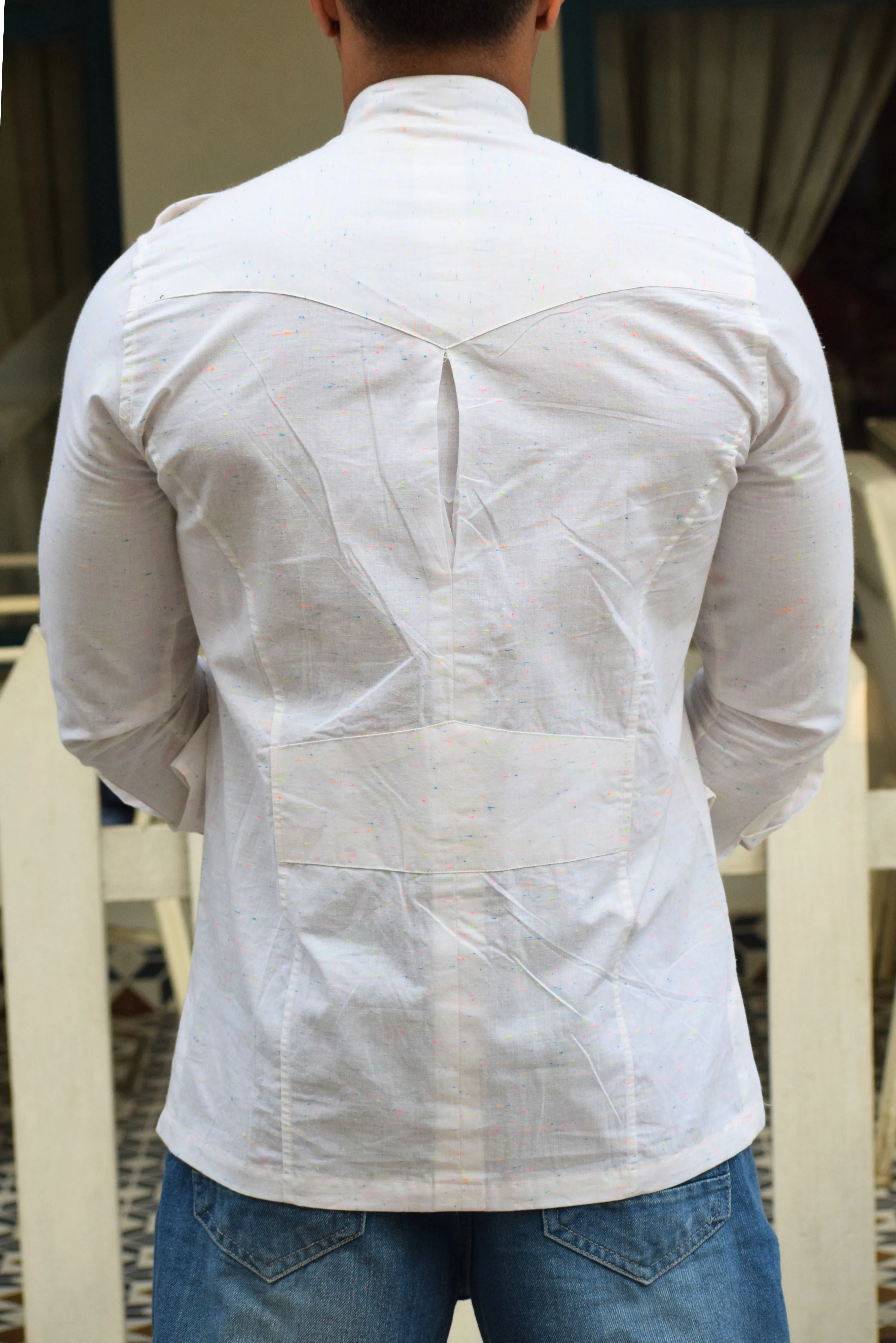 Off-White Cotton Hunting Style Shirt with Multicolor Dots
