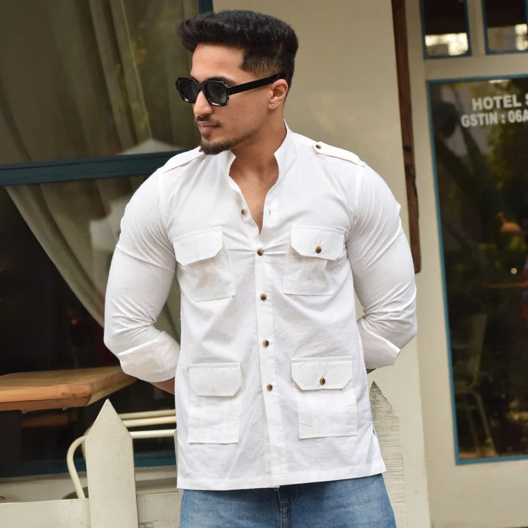 Off-White Cotton Hunting Style Shirt with Multicolor Dots