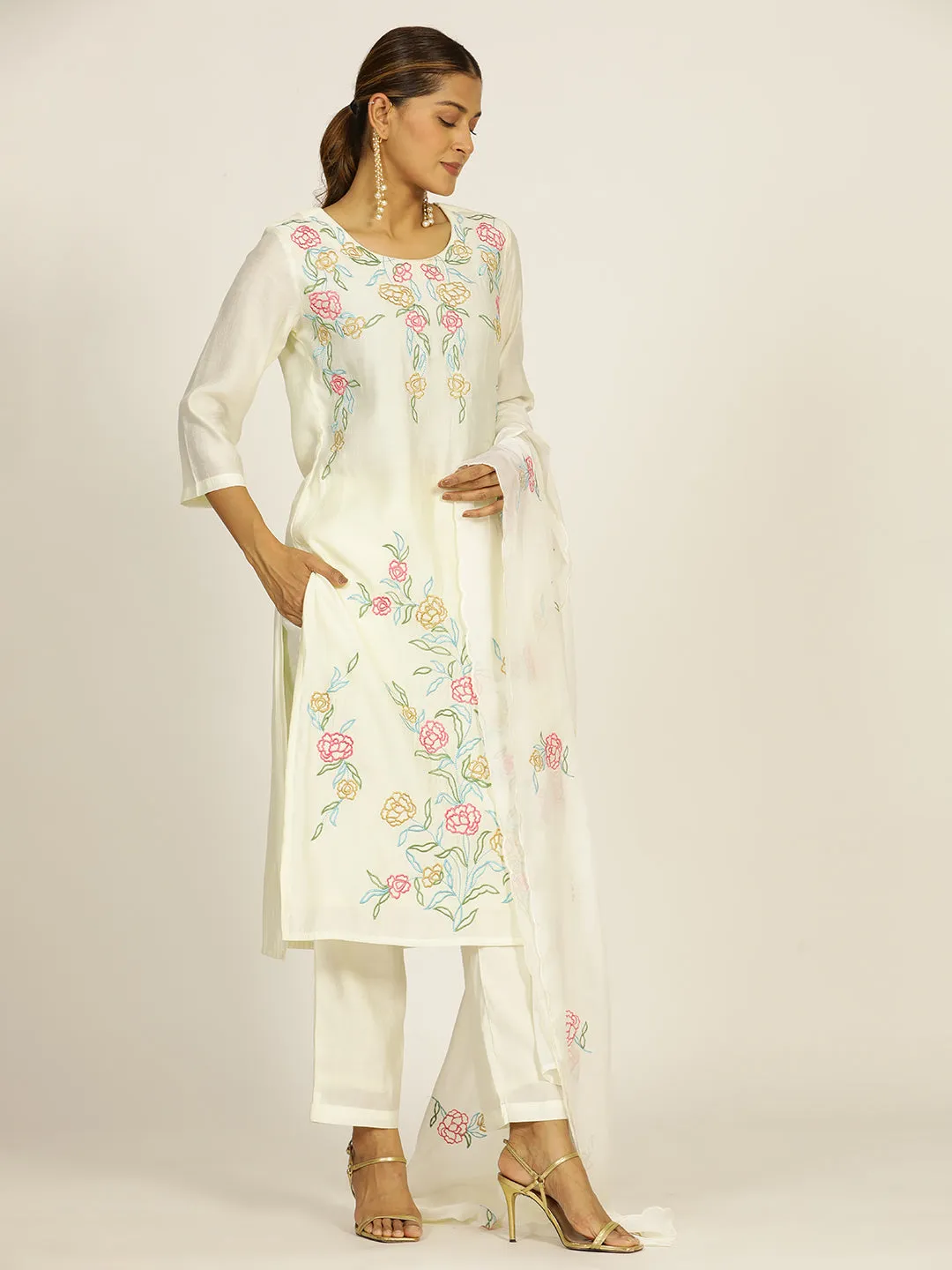 Off White Resham Embroidered Chanderi Festive Suit Set