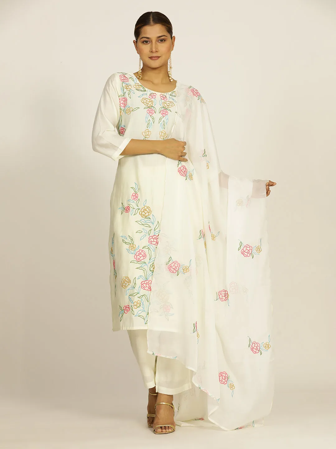 Off White Resham Embroidered Chanderi Festive Suit Set