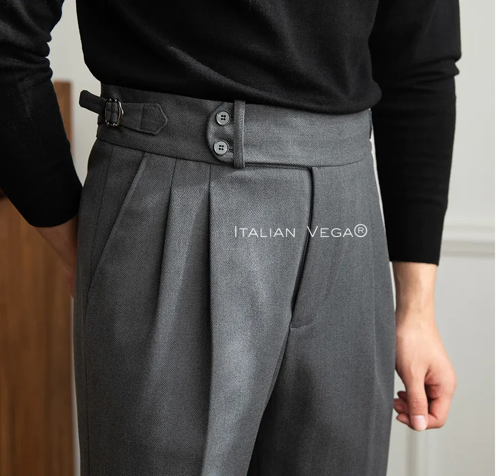 Old Money Classic Stripe Shirt with Grey Herringbone Signature Buttoned Gurkha Pant by ITALIAN VEGA®