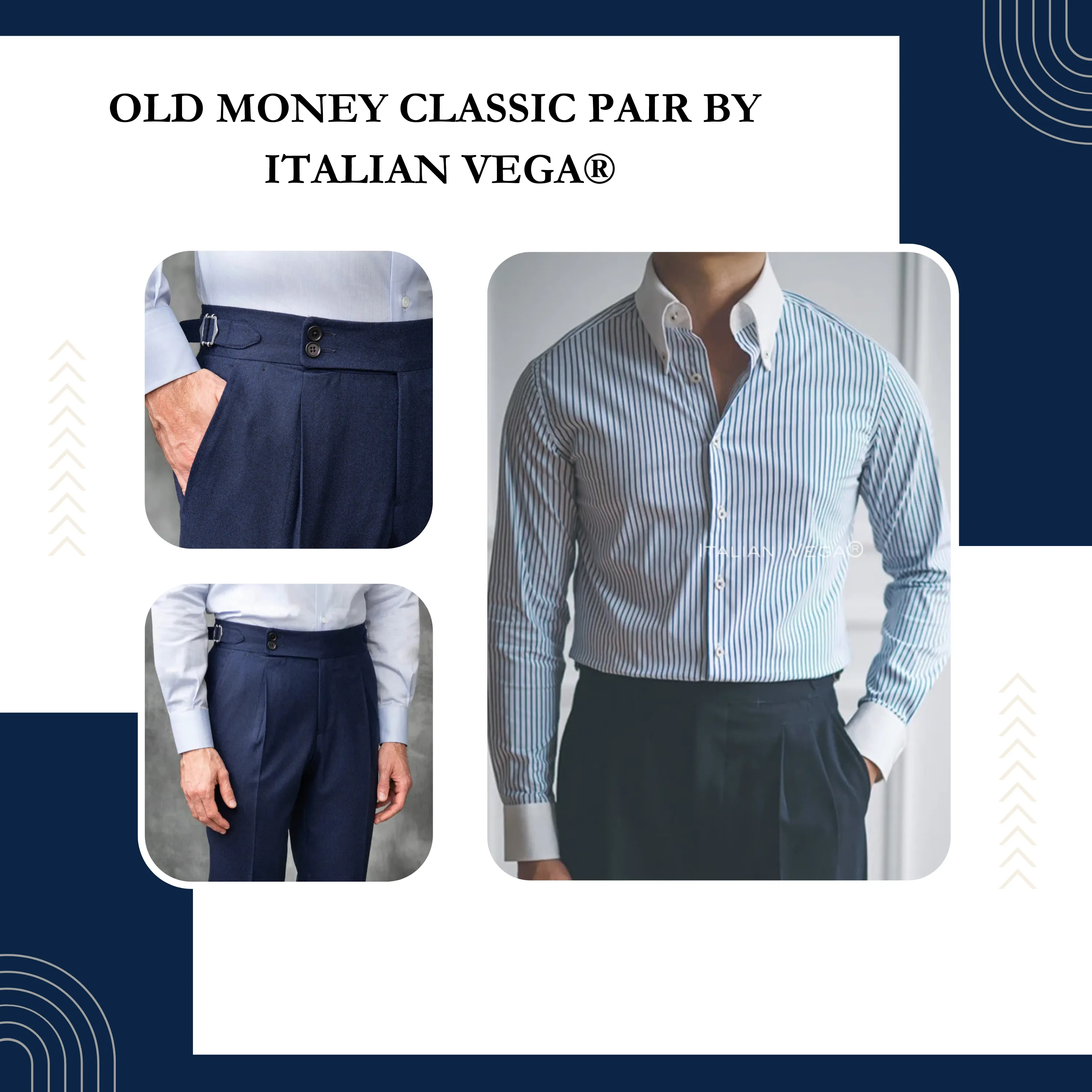 Old Money Classic Stripe Shirt with Navy Blue Signature Buttoned Gurkha Pant by ITALIAN VEGA®