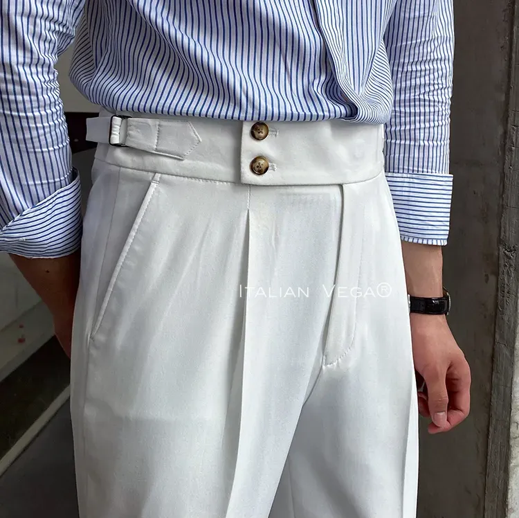 Old Money Classic Stripe Shirt with White Signature Buttoned Gurkha Pant by ITALIAN VEGA®