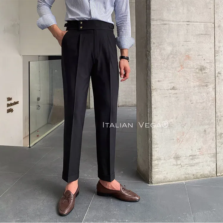 Old Money Grey Stripe Shirt with Black Signature Buttoned Gurkha Pant by ITALIAN VEGA®