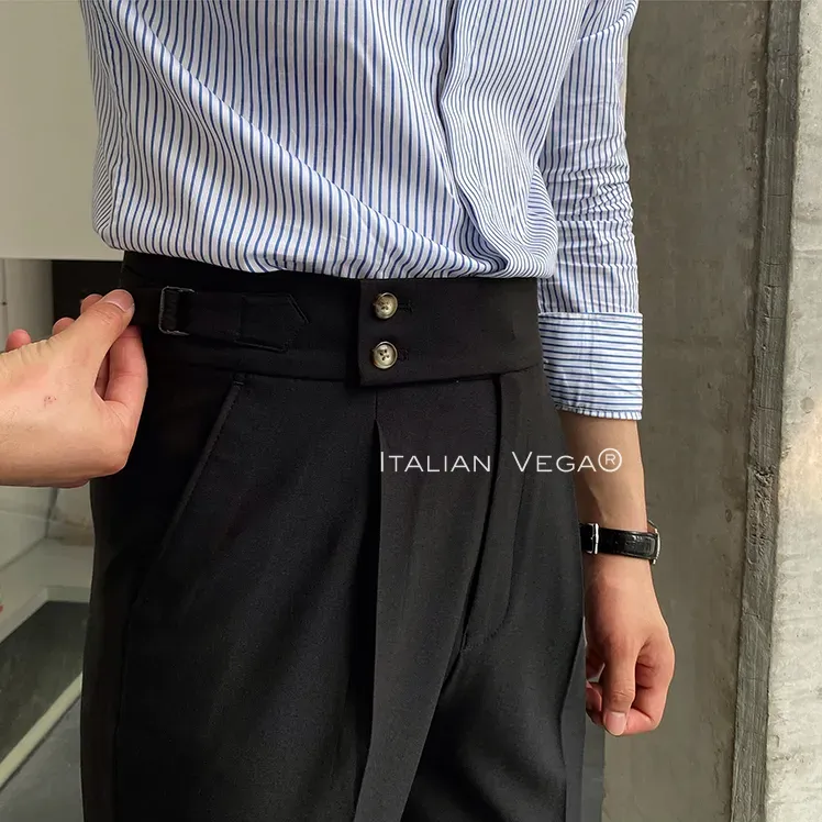 Old Money Grey Stripe Shirt with Black Signature Buttoned Gurkha Pant by ITALIAN VEGA®