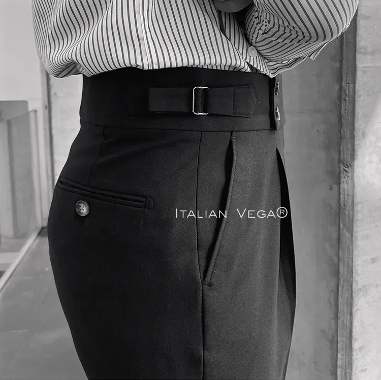 Old Money Grey Stripe Shirt with Black Signature Buttoned Gurkha Pant by ITALIAN VEGA®