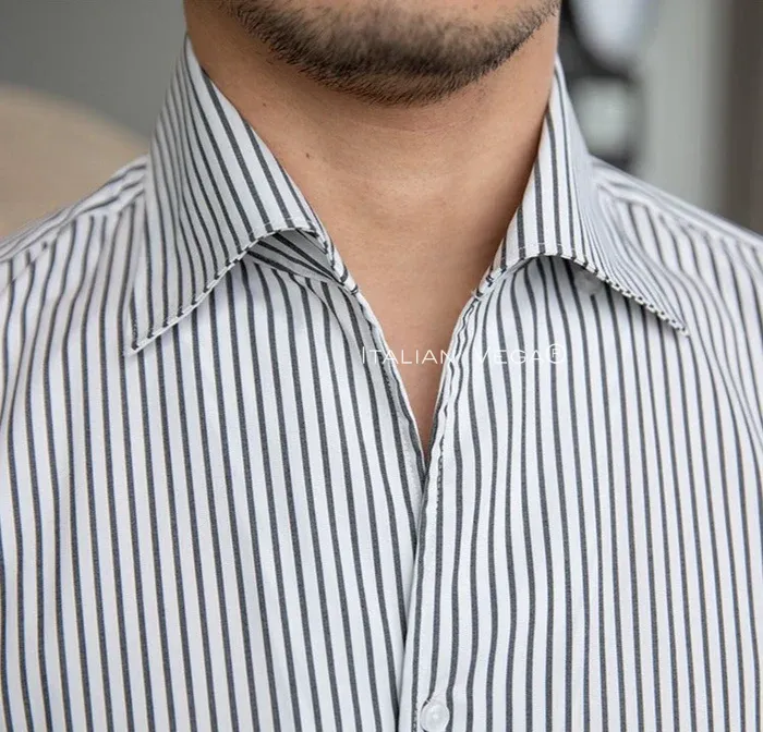Old Money Grey Stripe Shirt with Black Signature Buttoned Gurkha Pant by ITALIAN VEGA®