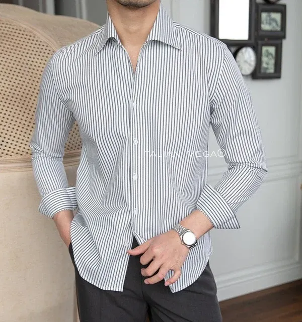 Old Money Grey Stripe Shirt with Black Signature Buttoned Gurkha Pant by ITALIAN VEGA®