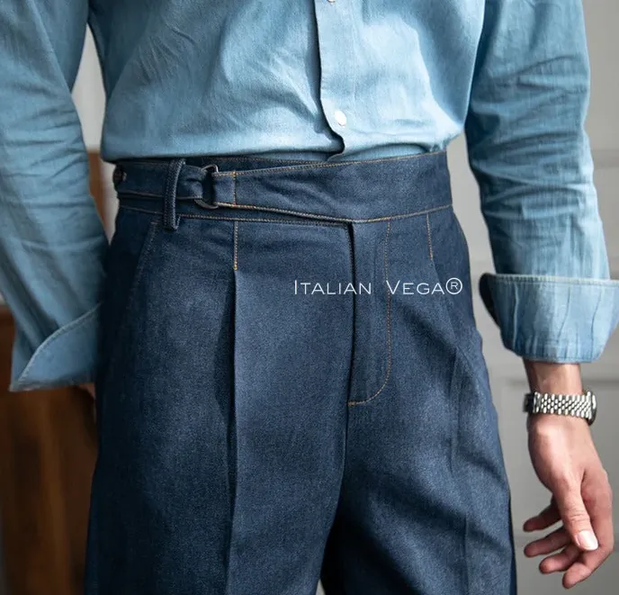 Old Money Navy Classic Stripe Shirt with Blue Veteran Denim Gurkha Pant by ITALIAN VEGA®
