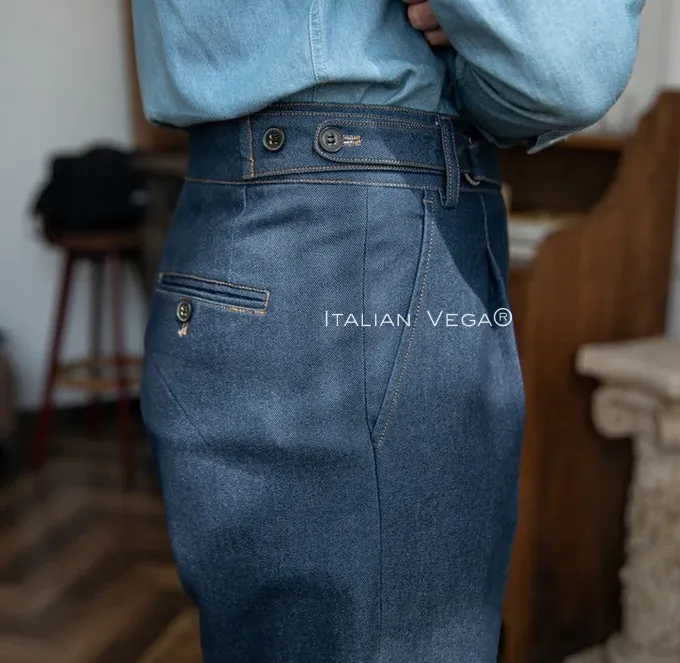 Old Money Navy Classic Stripe Shirt with Blue Veteran Denim Gurkha Pant by ITALIAN VEGA®