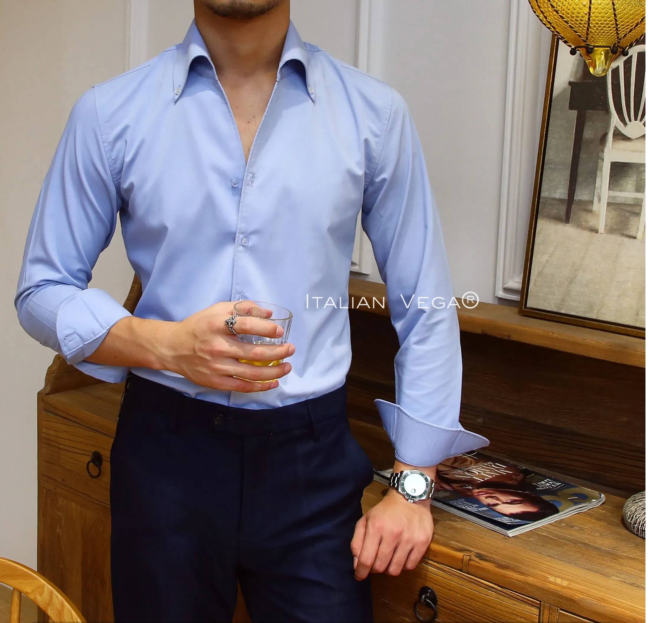 Old Money Powder Blue Shirt with Grey Herringbone Signature Buttoned Gurkha Pant by ITALIAN VEGA®