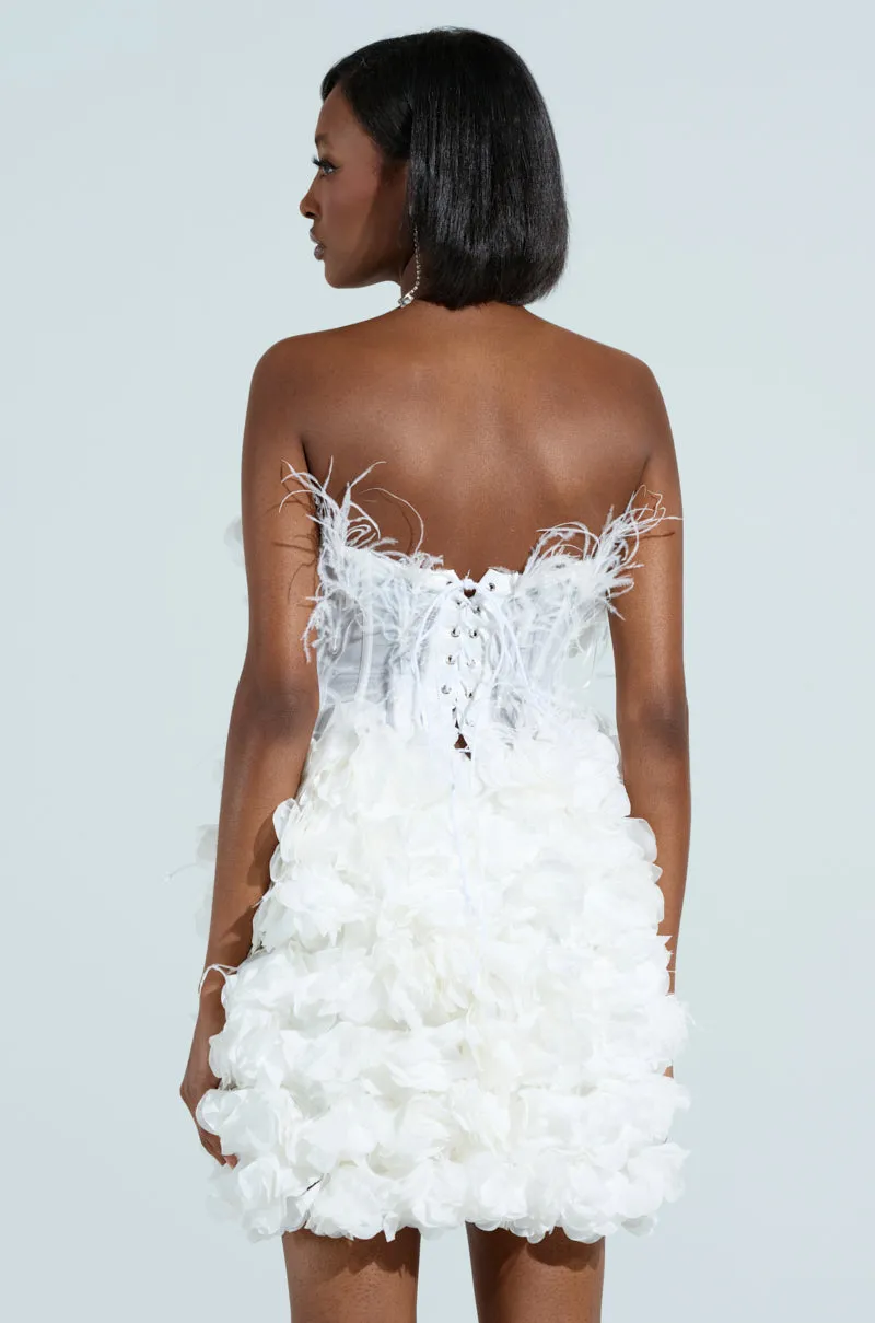 ON BROADWAY FEATHER AND FLOWER MINI DRESS
