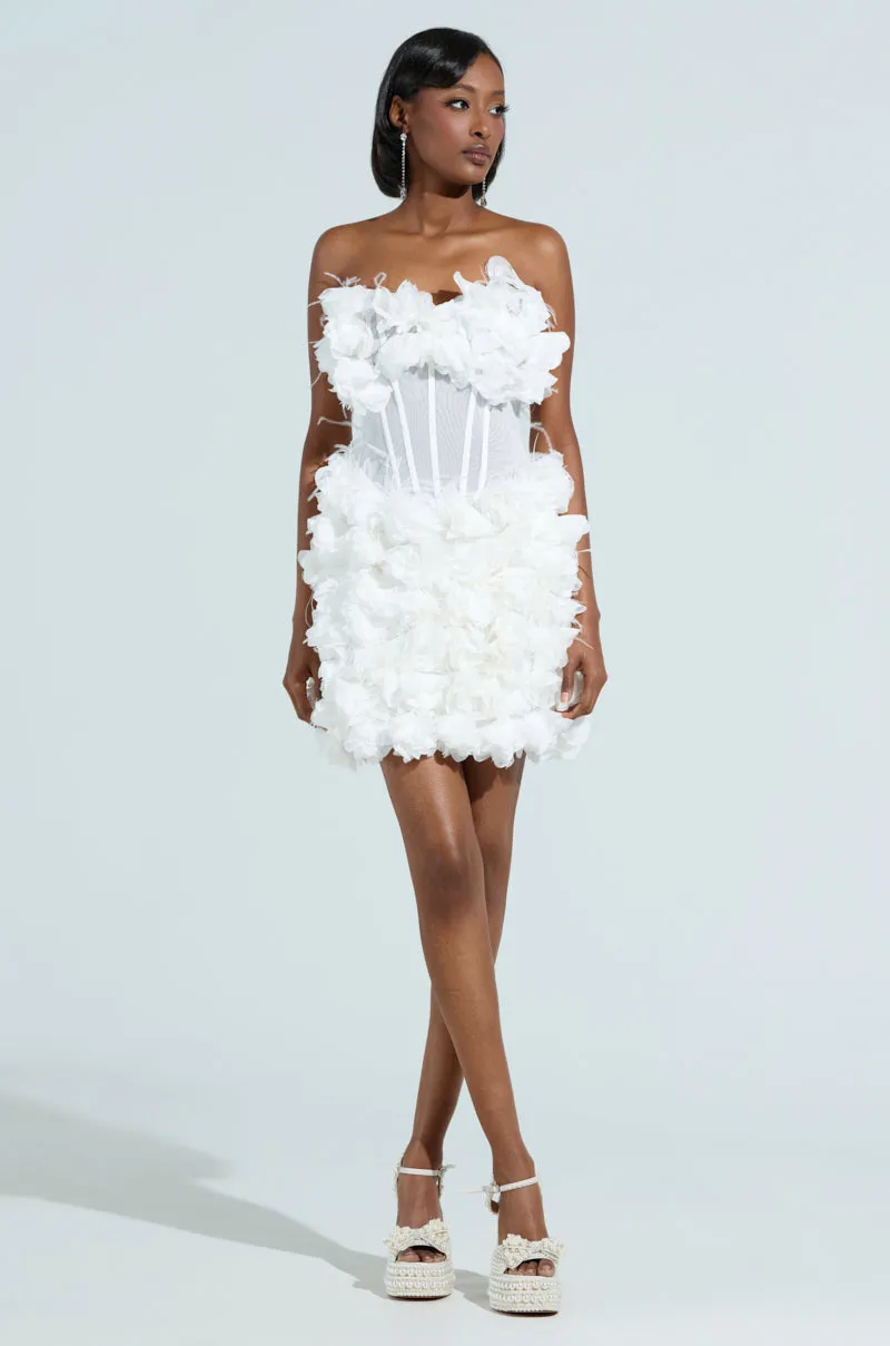 ON BROADWAY FEATHER AND FLOWER MINI DRESS