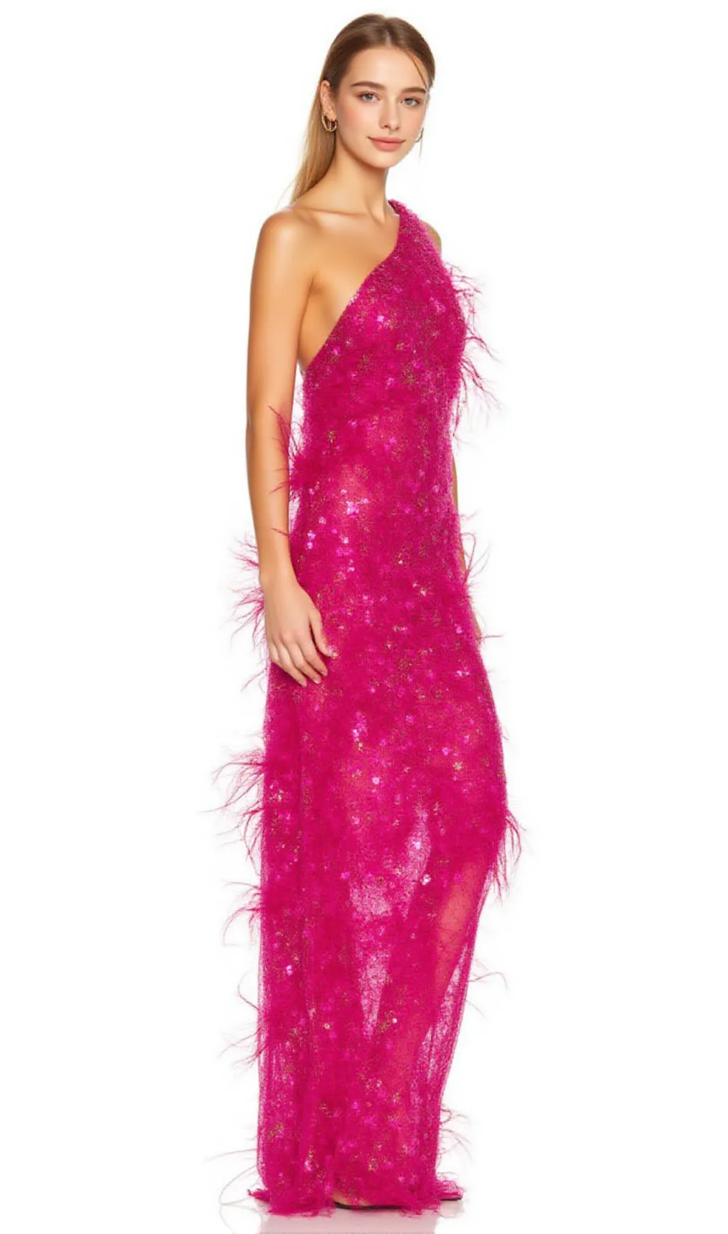 ONE-SHOULDER FEATHER EMBELLISHMENTS MAXI DRESS